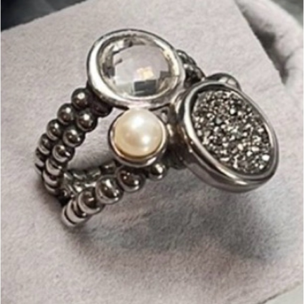 Michael Dawkins Drusy & 1.60 ct Rock Crystal Cultured Pearl Sterling Ring sz 7 - Picture 3 of 5